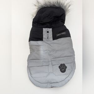 Canada Pooch Gray & Black Insulated Dog Coat with Faux Fur Hood
